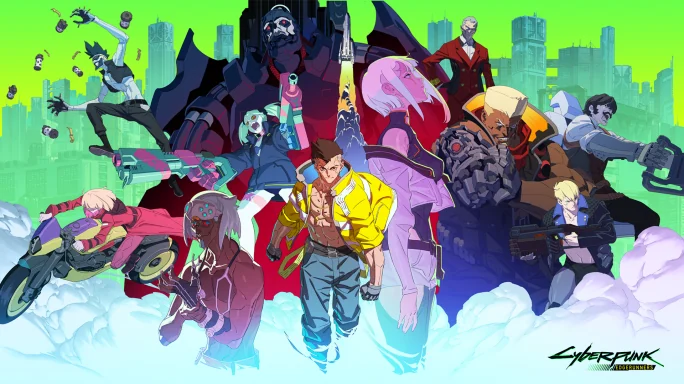 Official anniversary illustration with David and Lucy at the center of an ensemble against a green skyline