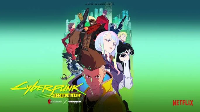 Official key visual with Lucy and David in front of the crew on a green background