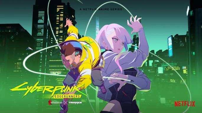 Official key visual showing David and Lucy back to back against the Night City skyline